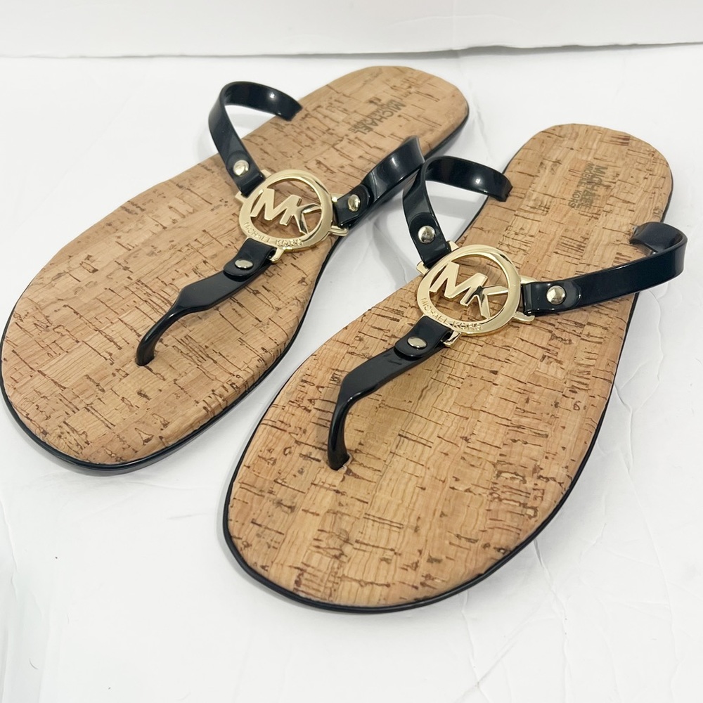 MICHAEL Michael Kors Black and Cork Logo Thong Sandals